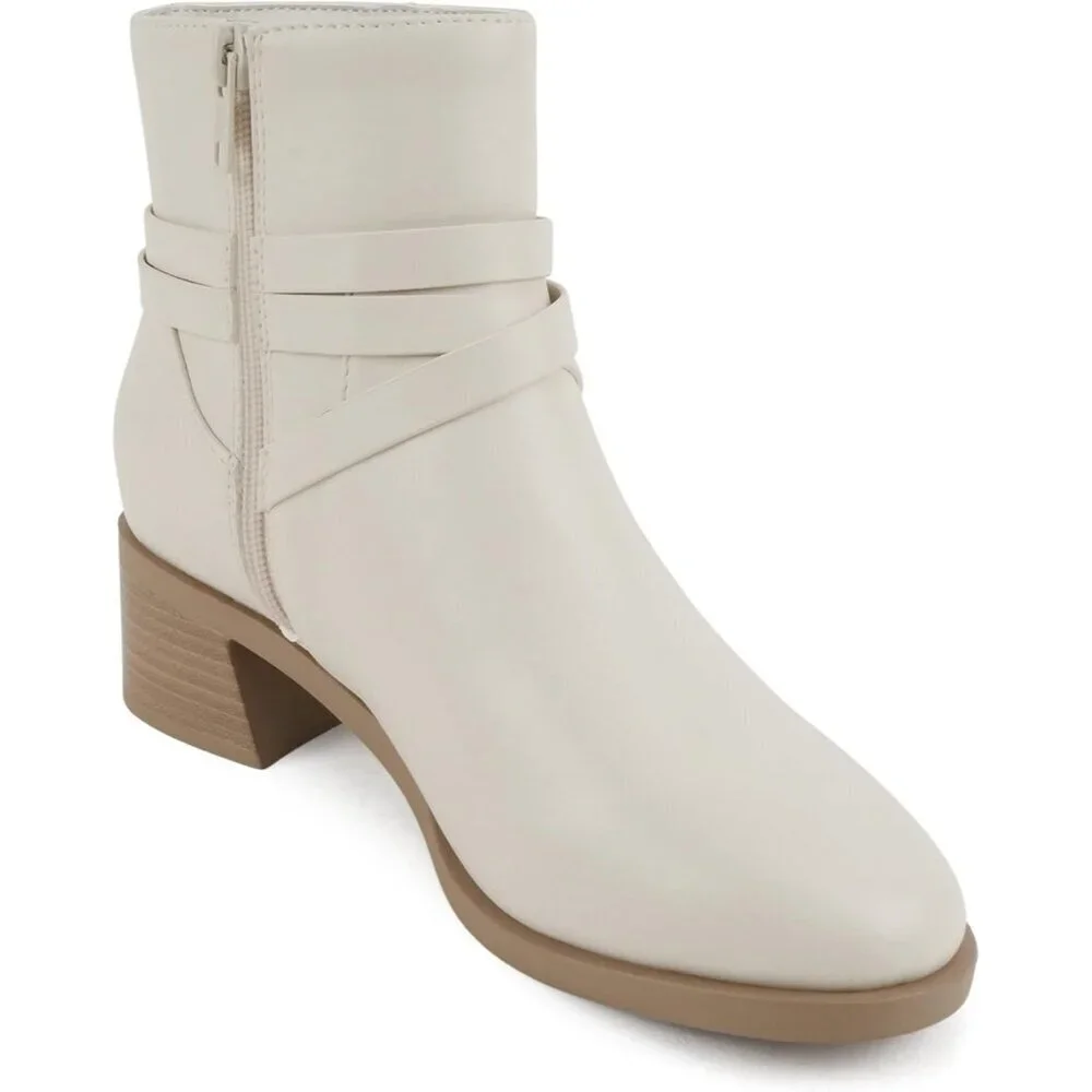 Women's White PU Leather Round Toe Low Block Heel Ankle Boot with Side Zipper - Picture 4 of 6